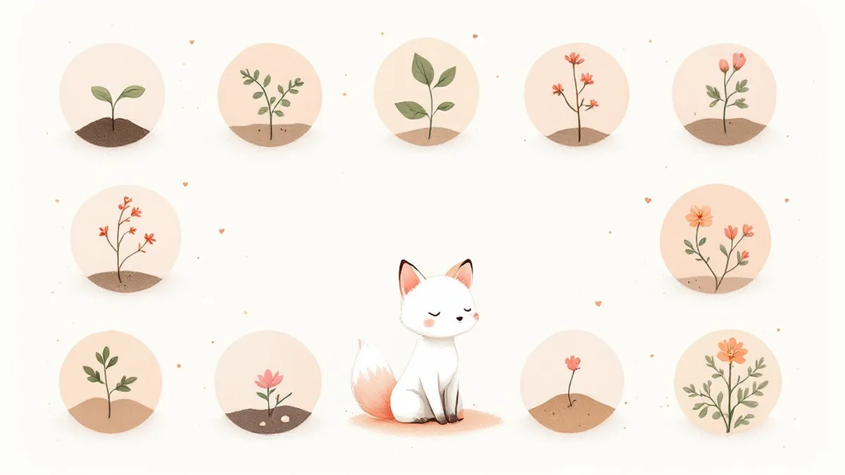 芽から花へと育つ小さな絵に囲まれて座る白いきつね