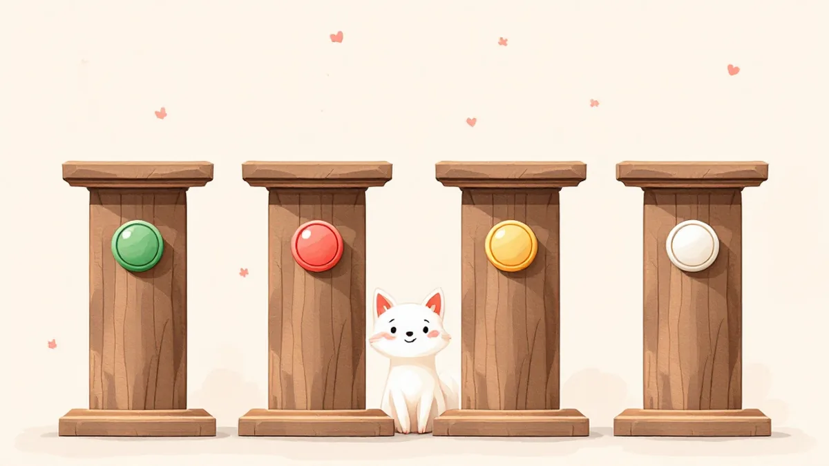4本の柱のそばから顔を出す白いきつね