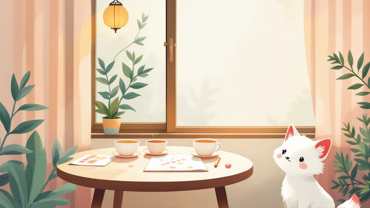 カフェのテーブルで命式を眺める白いきつね